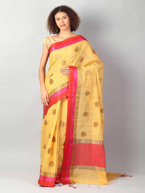 

EthnicRoom Yellow & Pink Silk Cotton Woven Design Banarasi Saree