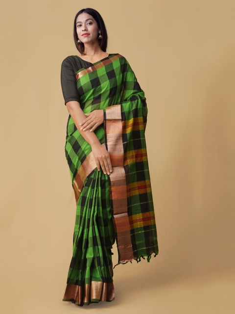 

Unnati Silks Green & Black Pure Cotton Checked Narayan Peth Saree