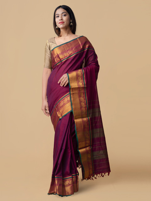 

Unnati Silks Purple Pure Cotton Solid Handloom Venkatgiri Saree
