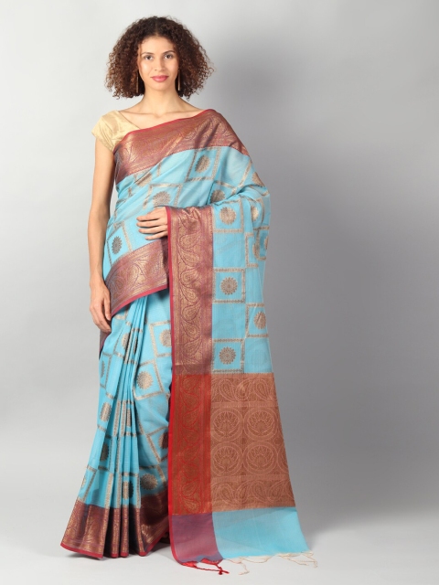 

EthnicRoom Blue & Pink Silk Cotton Woven Design Banarasi Saree