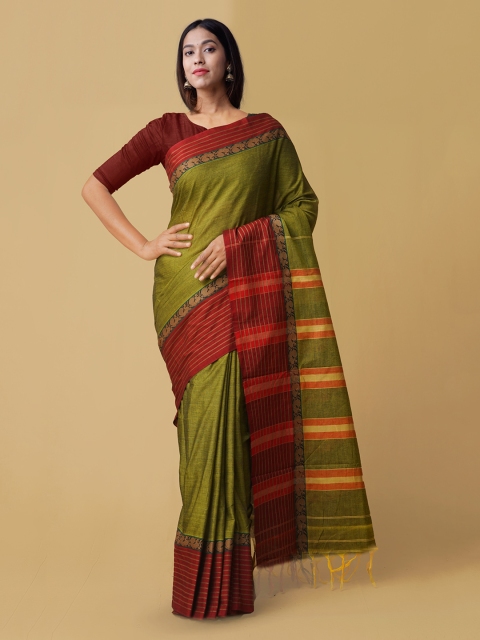 

Unnati Silks Olive Green & Red Pure Cotton Striped Narayan Peth Saree