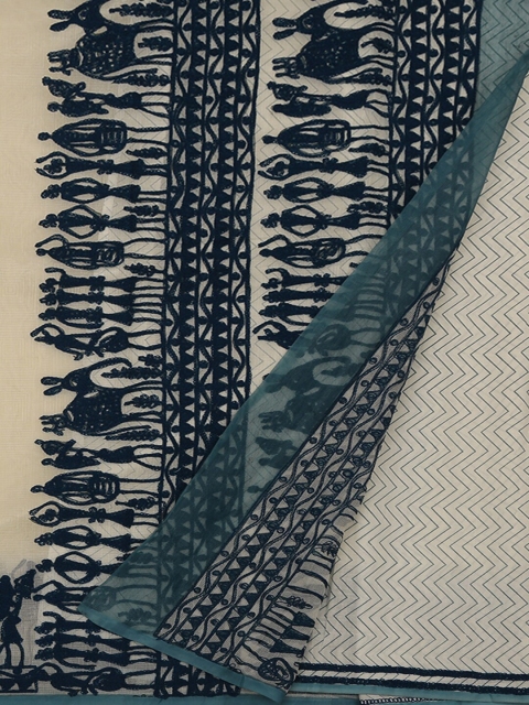 

Pothys Cream-Coloured & Navy Blue Supernet Printed Saree