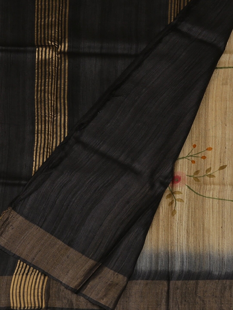 

Pothys Cream-Coloured & Black Jute Silk Embroidered Saree