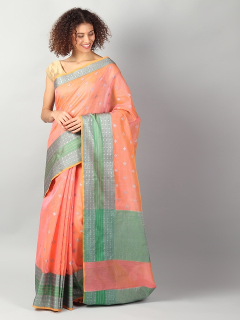 

EthnicRoom Orange & Silver-Toned Silk Cotton Woven Design Banarasi Saree