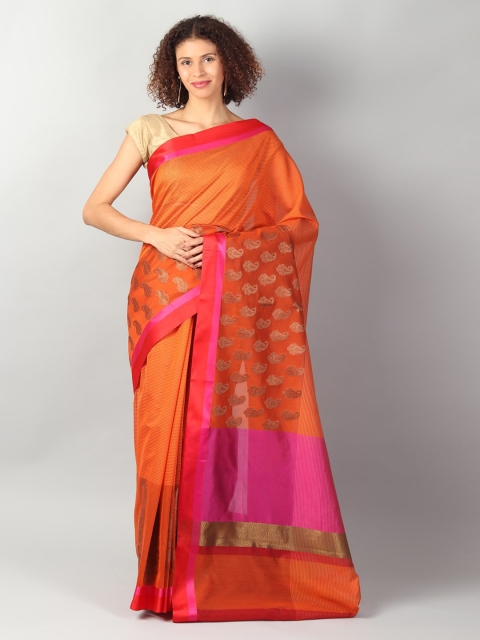 

EthnicRoom Orange & Red Silk Cotton Solid Banarasi Saree