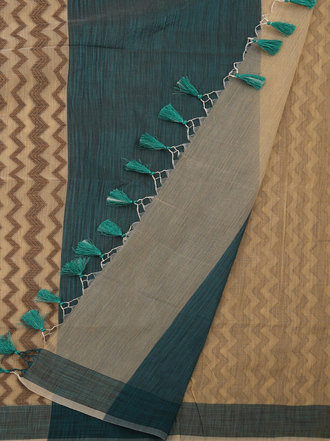 

Pothys Cream-Coloured & Green Supernet Woven Design Saree