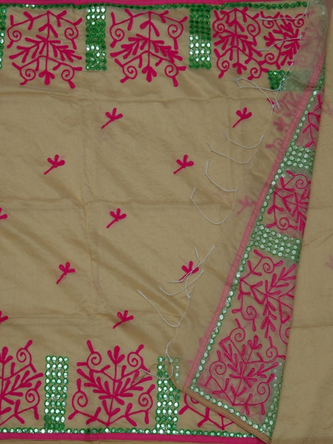 

Pothys Cream-Coloured & Pink Pure Cotton Embroidered Saree