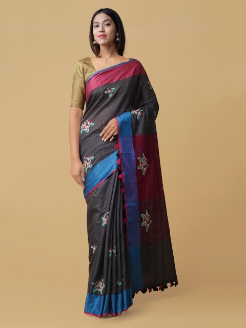 

Unnati Silks Grey Embroidered Pure Linen Saree