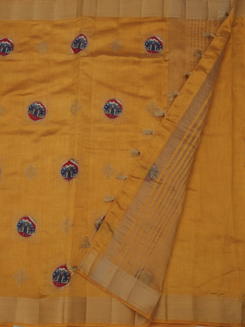

Pothys Mustard Yellow & Navy Blue Jute Silk Embroidered Saree