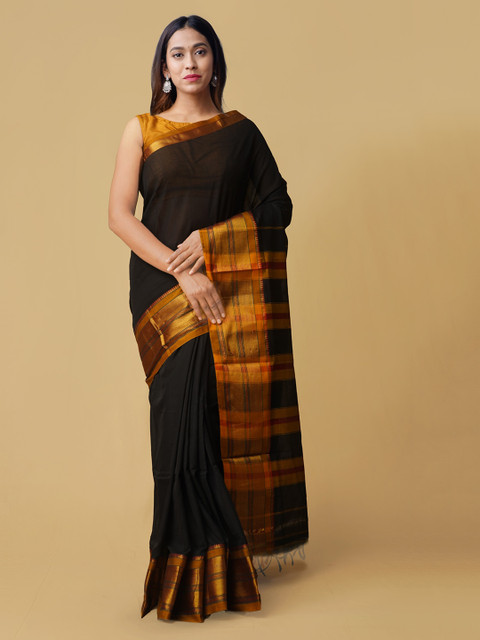 

Unnati Silks Black Pure Cotton Checked Narayan Peth Saree