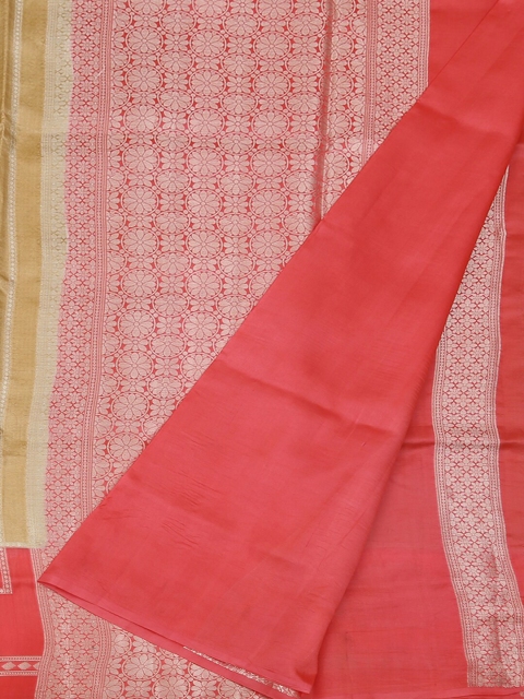 

Pothys Gold-Coloured & Peach-Coloured Jute Silk Woven Design Saree