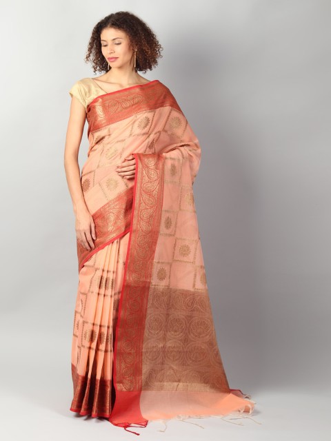 

EthnicRoom Peach-Coloured & Red Silk Cotton Woven Design Banarasi Saree
