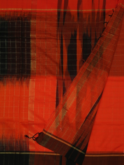 

Pothys Black & Orange Pure Cotton Handloom Checked Saree