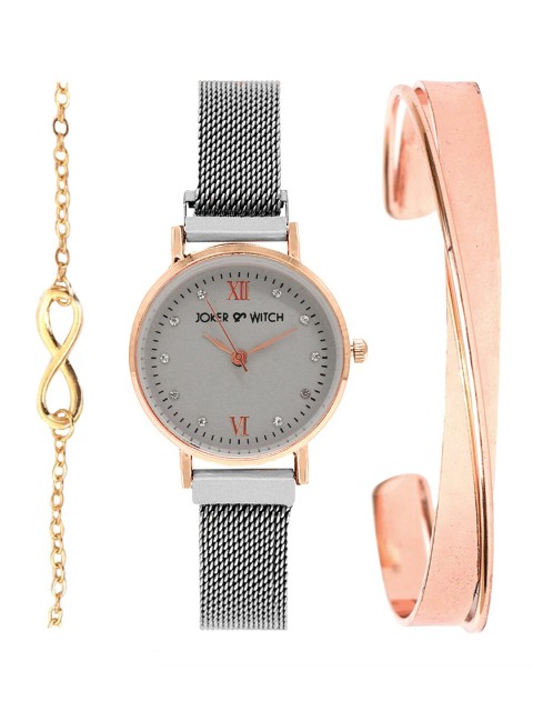 

Joker & Witch Women Silver and Rose Gold- Toned Watch Bracelet Gift Set, Grey