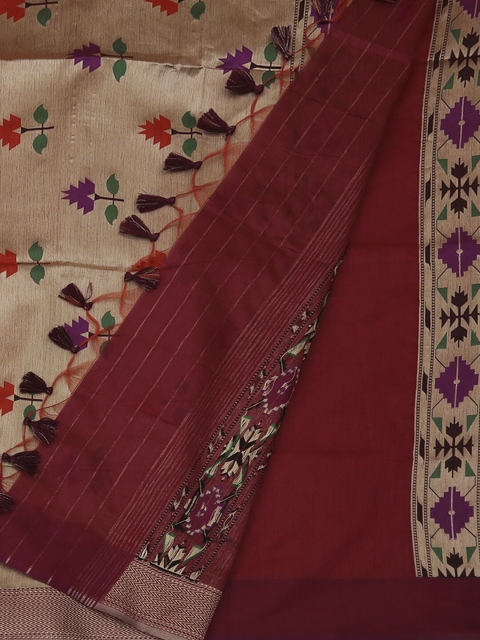 

Pothys Peach-Coloured & Maroon Jute Paithani Silk Woven Design Saree