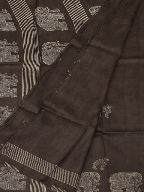 

Pothys Brown & Off-White Jute Silk Printed Tussar Saree