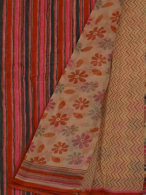 

Pothys Cream-Coloured & Red Supernet Embroidered Saree