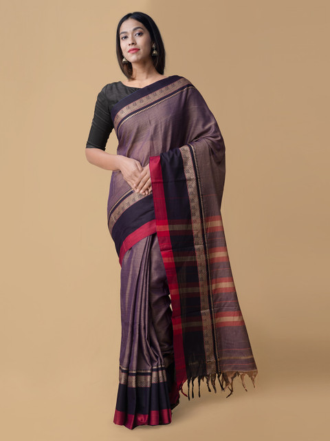 

Unnati Silks Grey & Blue Pure Cotton Solid Narayan Peth Saree