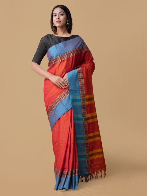 

Unnati Silks Orange & Blue Pure Cotton Solid Narayan Peth Saree