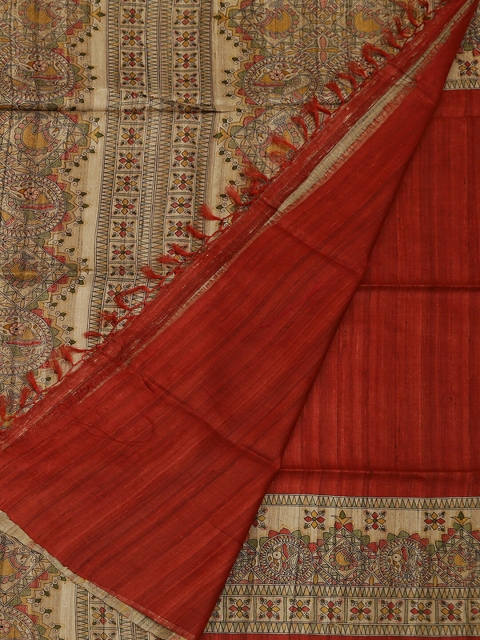 

Pothys Maroon & Beige Jute Silk Printed Saree