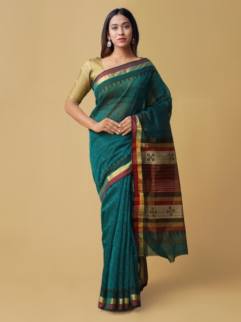 Unnati Silks Green & Red Silk Cotton Woven Design Maheshwari Saree