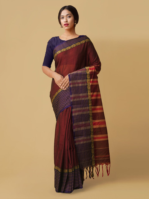 

Unnati Silks Maroon Pure Cotton Solid Narayan Peth Saree