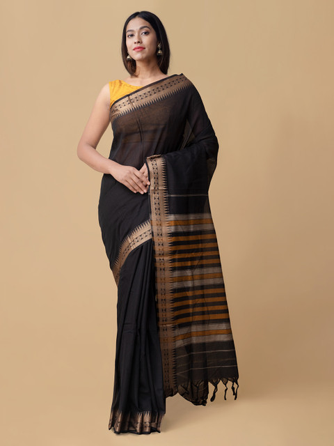 

Unnati Silks Black Pure Cotton Solid Narayan Peth Saree