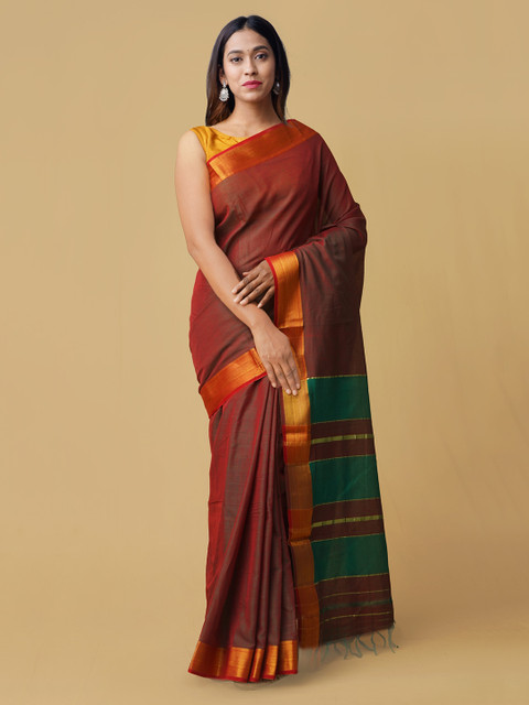 

Unnati Silks Maroon & Green Pure Cotton Striped Narayan Peth Handloom Saree