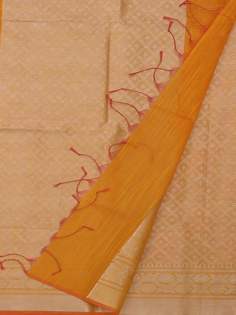 

Pothys Mustard Yellow & Off-White Cotton Blend Woven Design Saree