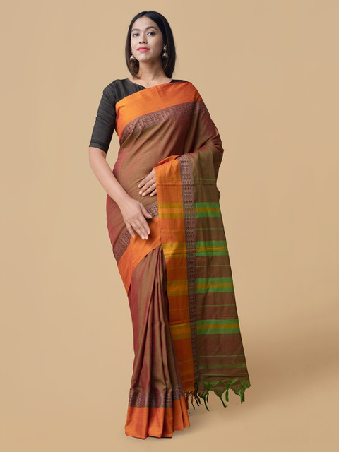 

Unnati Silks Red & Orange Pure Cotton Striped Handloom Narayan Peth Saree