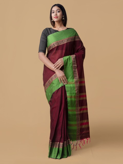 

Unnati Silks Maroon Pure Cotton Solid Handloom Narayan Peth Saree