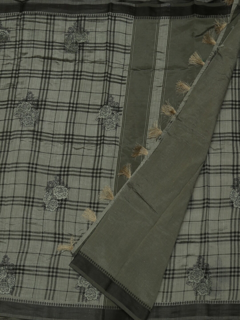 

Pothys Olive Green Checked Jute Silk Saree