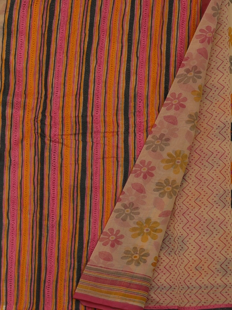 

Pothys Cream-Coloured & Pink Manipuri Cotton Supernet Embroidered Saree