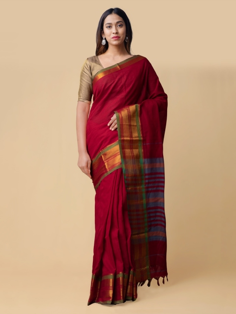 

Unnati Silks Red & Gold Pure Cotton Solid Narayan Peth Saree
