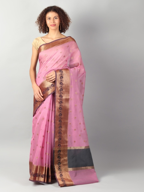 

EthnicRoom Pink & Gold-Toned Silk Cotton Woven Design Banarasi Saree