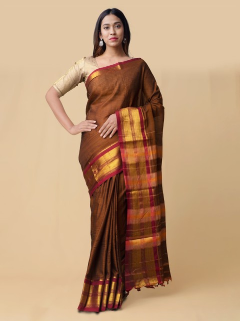 

Unnati Silks Brown Pure Cotton Solid Narayan Peth Saree