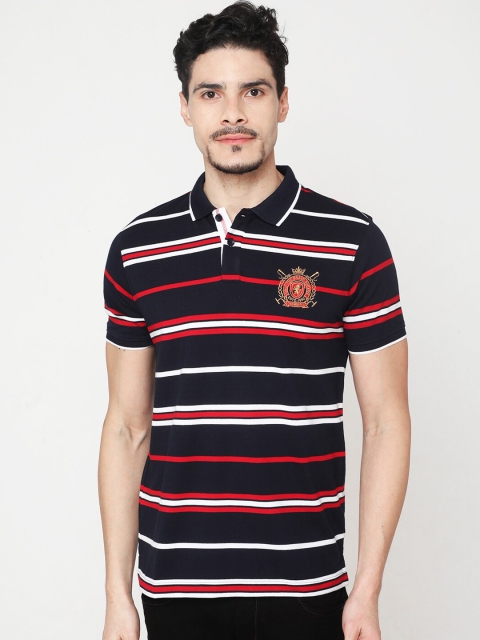 

Oxemberg Men Navy Blue & Red Striped Polo Collar T-shirt