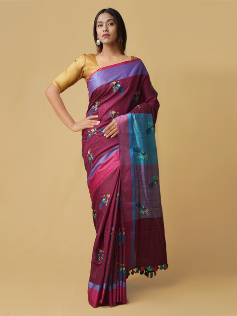 

Unnati Silks Maroon Embroidered Pure Linen Saree