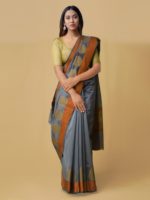 

Unnati Silks Grey & Orange Silk Cotton Woven Design Kanjeevaram Saree