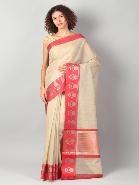

EthnicRoom Cream-Coloured & Red Jute Cotton Woven Design Banarasi Saree