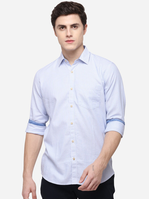

JADE BLUE Men White & Blue Tailored Fit Striped Casual Shirt