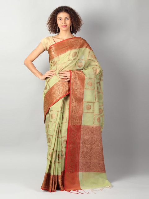 

EthnicRoom Green & Brown Silk Cotton Woven Design Banarasi Saree