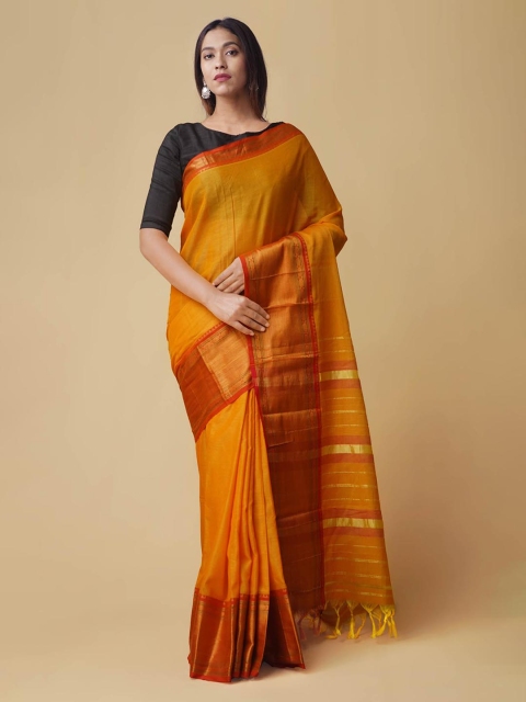 

Unnati Silks Yellow Pure Cotton Striped Handloom Narayan Peth Saree