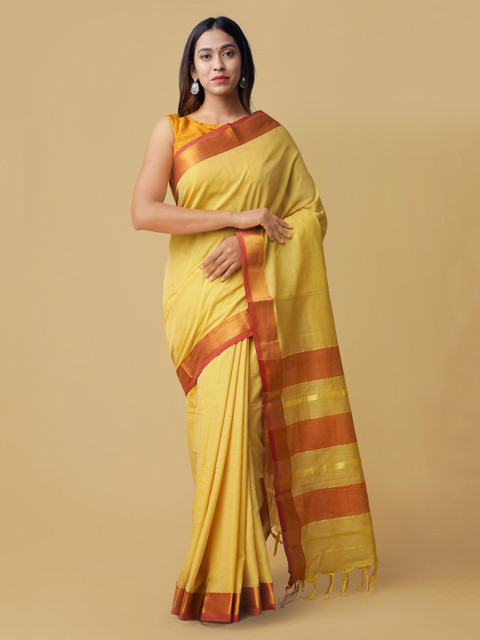 

Unnati Silks Yellow & Orange Pure Cotton Striped Handloom Narayan Peth Saree