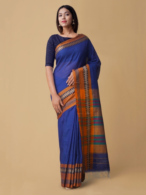 

Unnati Silks Blue Pure Cotton Solid Handloom Narayan Peth Saree