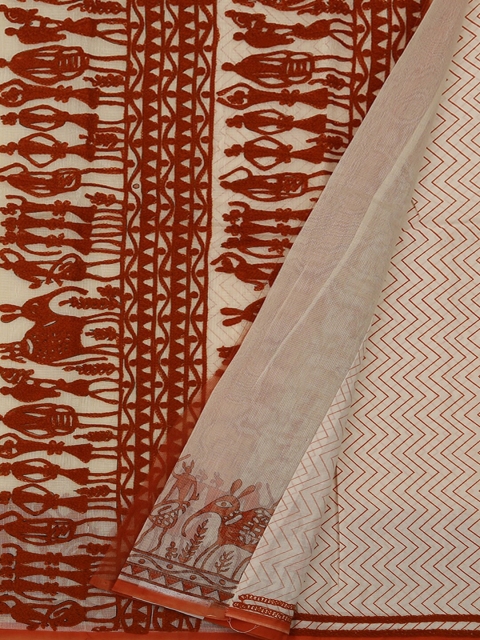

Pothys Cream-Coloured & Red Supernet Printed Saree