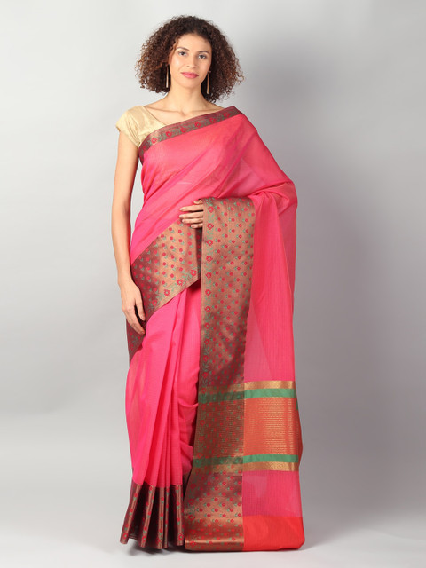 

EthnicRoom Pink & Gold-Coloured Silk Cotton Solid Banarasi Saree
