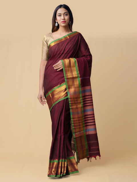 

Unnati Silks Maroon Pure Cotton Solid Narayan Peth Saree