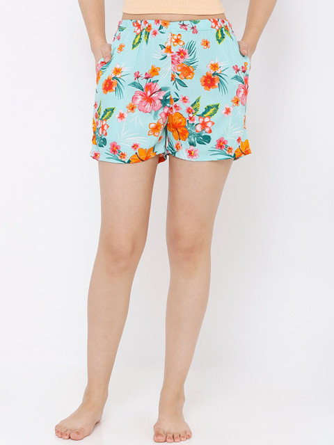 

Heart 2 Heart Women Turquoise Blue & Pink Floral Print Lounge Shorts