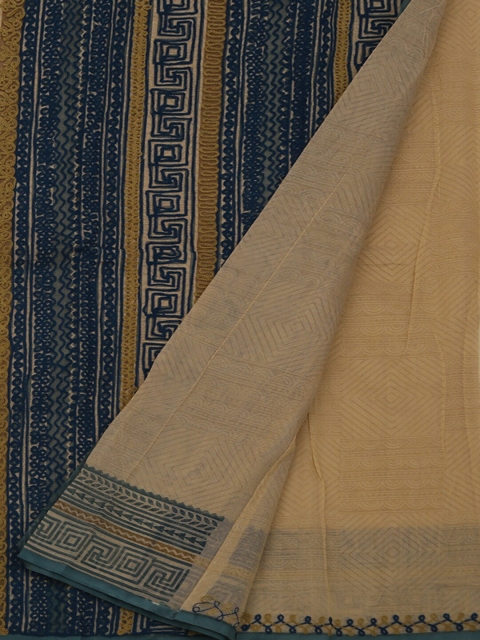 

Pothys Cream-Coloured & Navy Blue Supernet Striped Saree